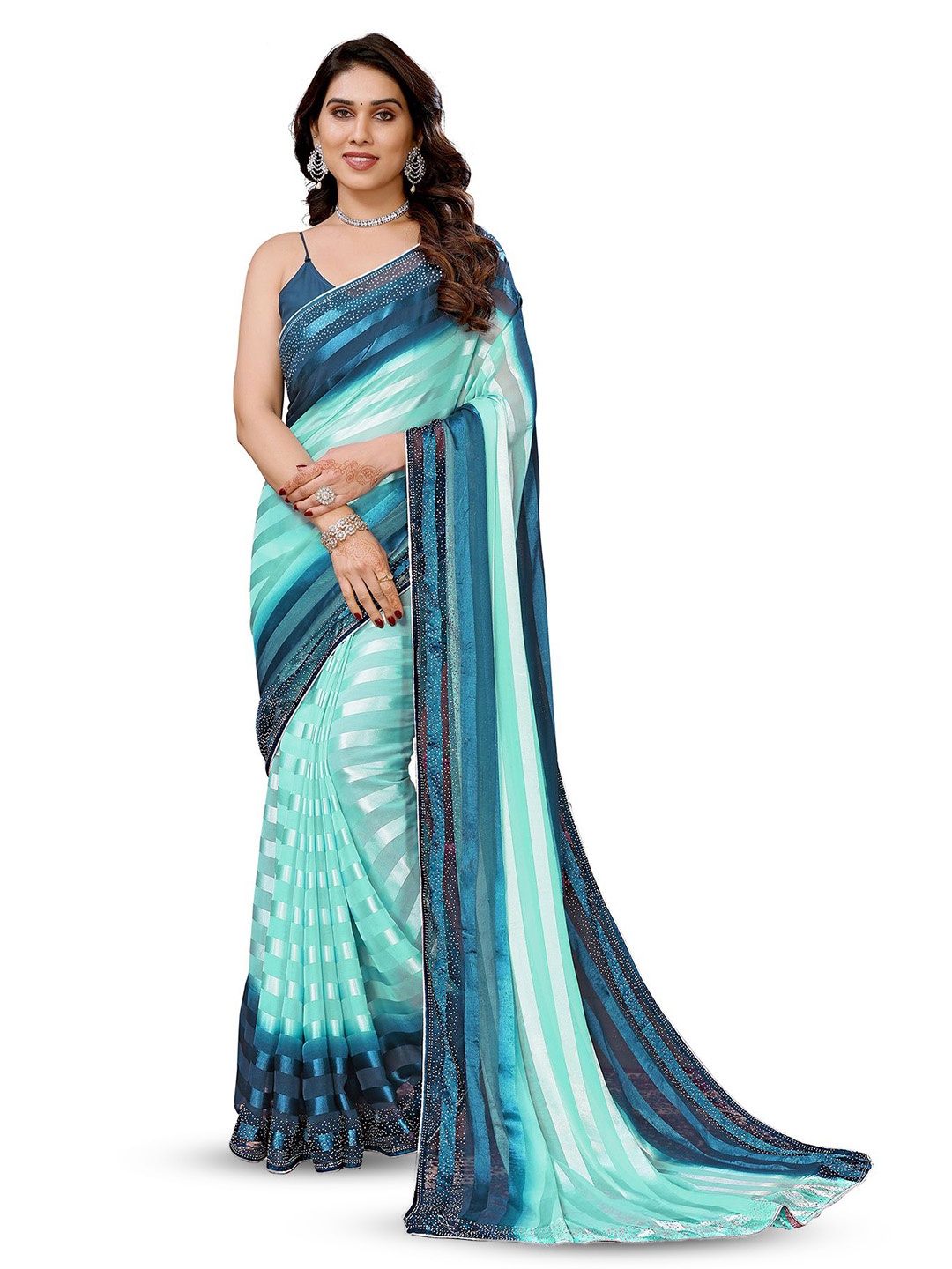 

ANAND SAREES Striped Beads and Stones Satin Ready to Wear Saree, Blue