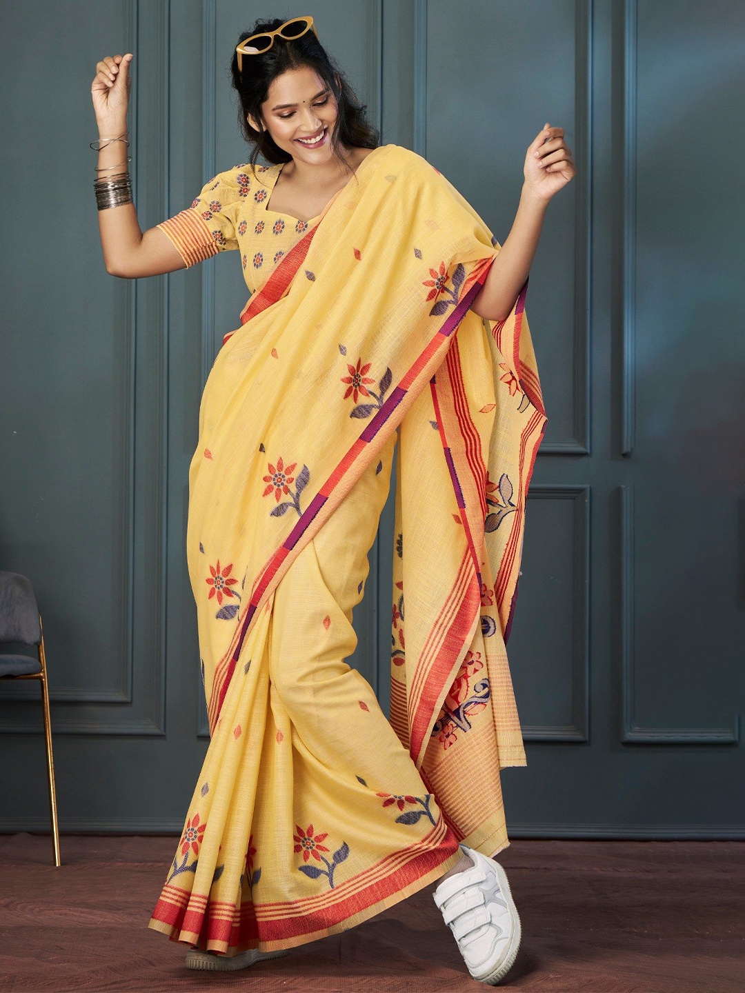 

MySilkLove floral print woven design saree, Yellow