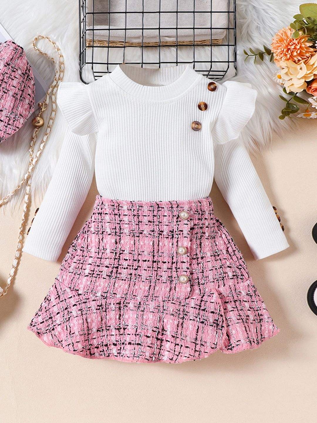 

INCLUD Girls Self Design High Neck Top with Skirt, Pink