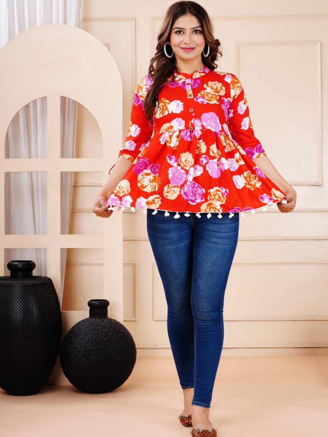 

VYKOO Women Floral Printed Mandarin Collar Top, Red