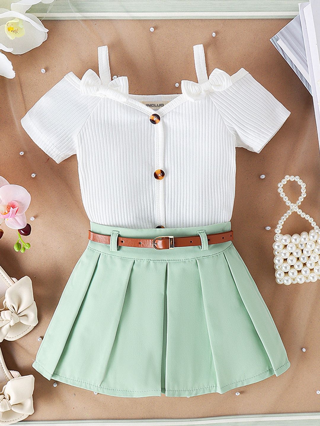 

INCLUD Girls Self Design Shoulder Straps Top with Pleated Skirt & Belt, Green