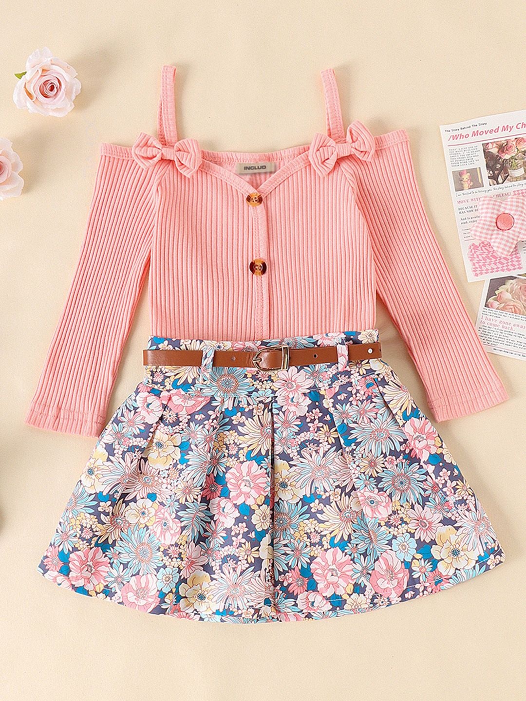 

INCLUD Girls Self Design Shoulder Straps Top with Skirt & Belt, Pink
