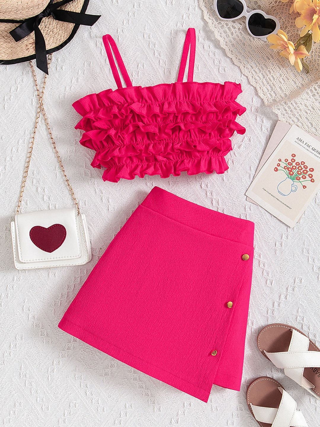 

INCLUD Girls Shoulder Straps Top with Skirt, Fuchsia