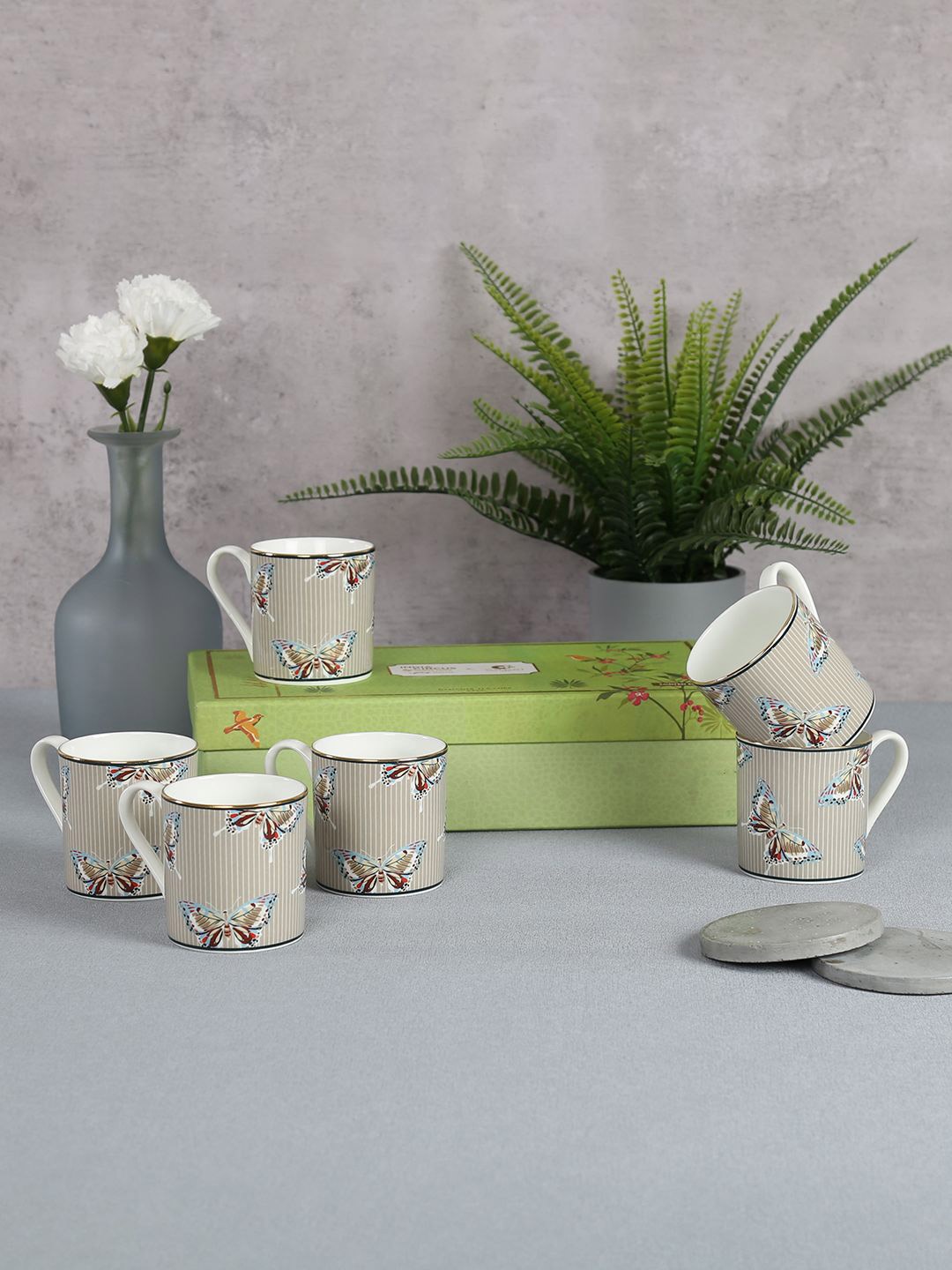 

India Circus by Krsnaa Mehta Brown & Blue 6 Pieces Printed Bone China Glossy Mugs 220 ml