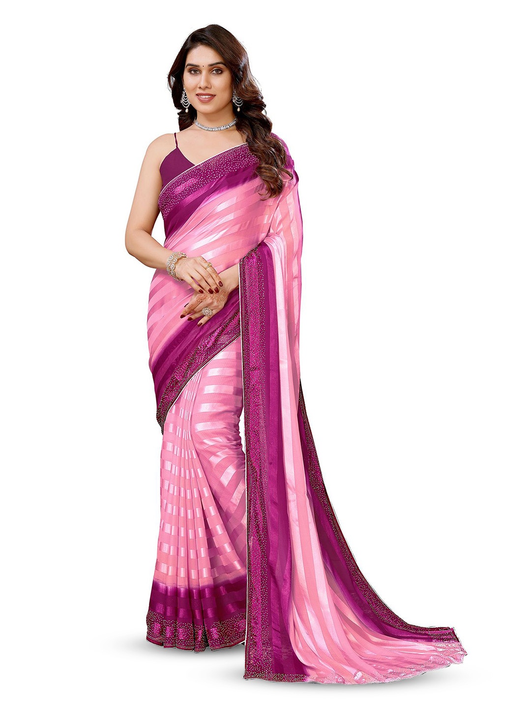 

ANAND SAREES Striped Beads and Stones Satin Ready to Wear Saree, Purple