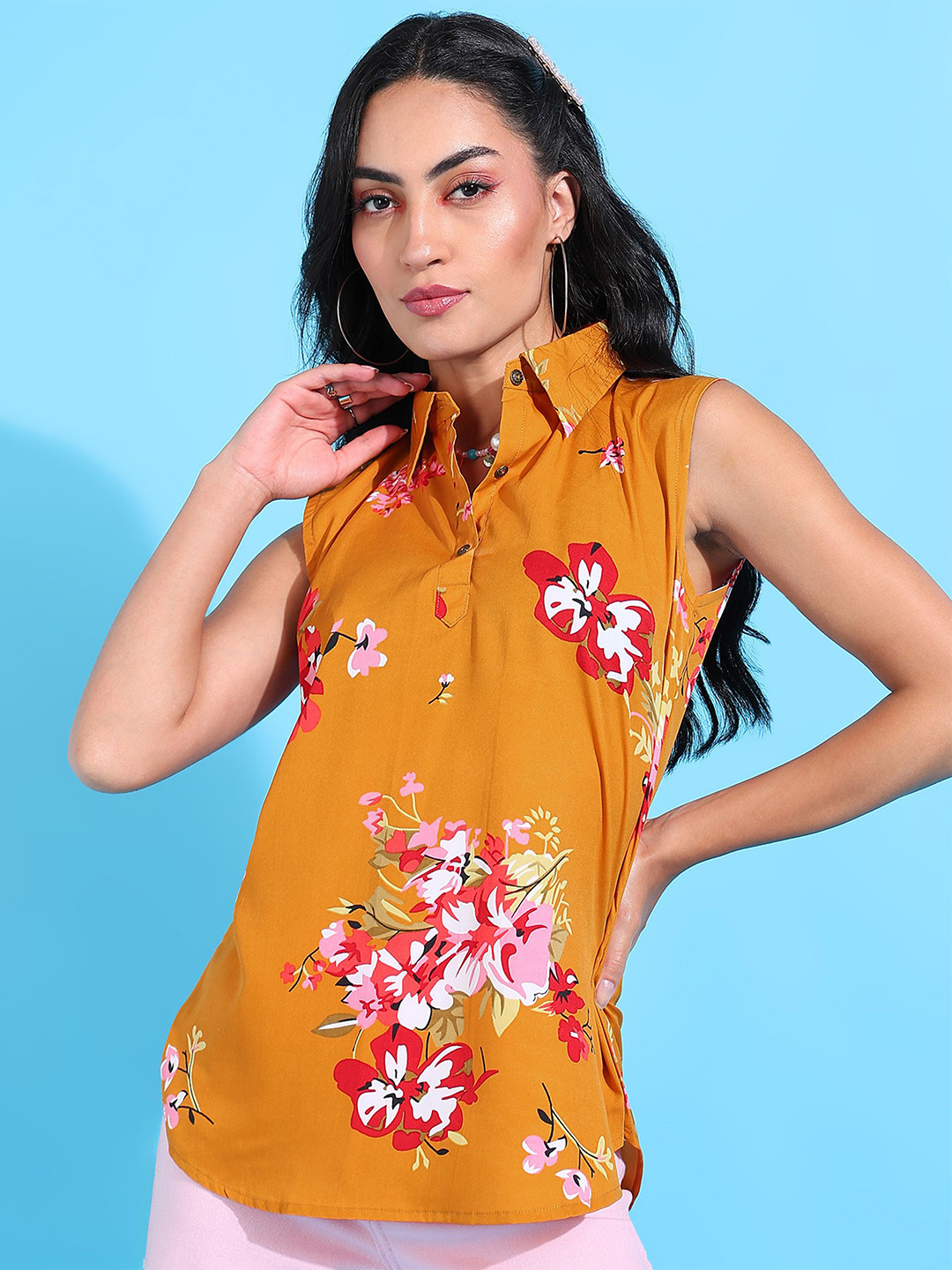 

Rudraaksha Creations Floral Print Crepe Top, Mustard