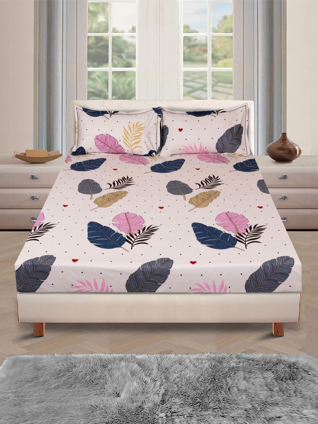 

Myntra Elegant Homes Beige & Pink Floral 160 TC Queen Bedsheet with 2 Pillow Covers