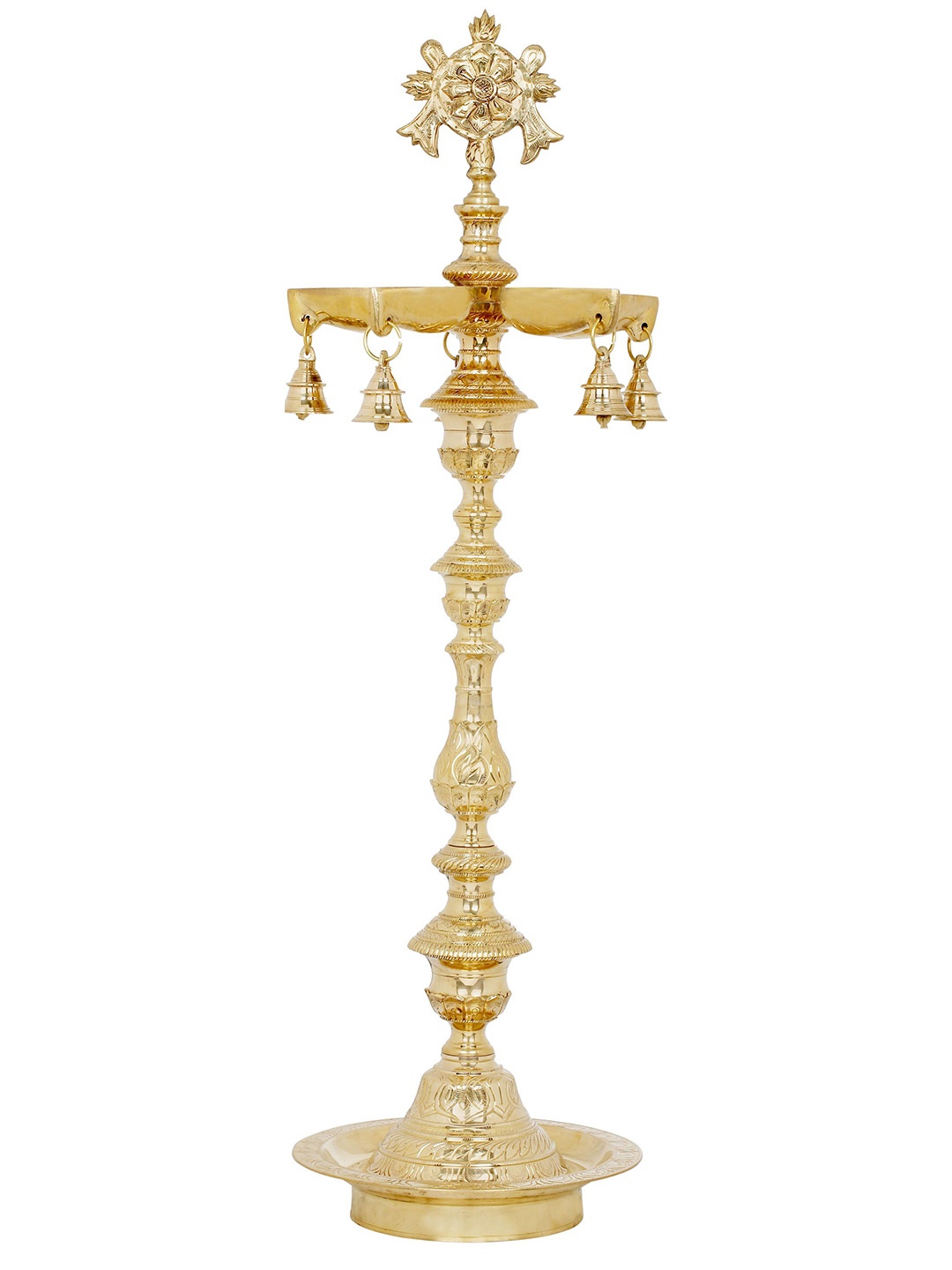

Exotic India 39" Brass Large Vaishnava Lamp with Chakra & Conch Symbol, Gold