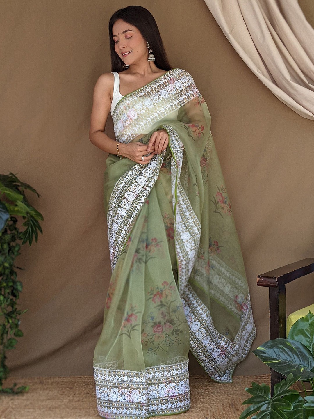 

elora Floral Organza Saree, Green