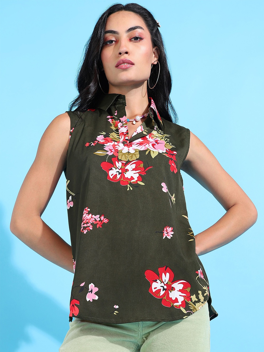 

Rudraaksha Creations Floral Print Crepe Top, Green