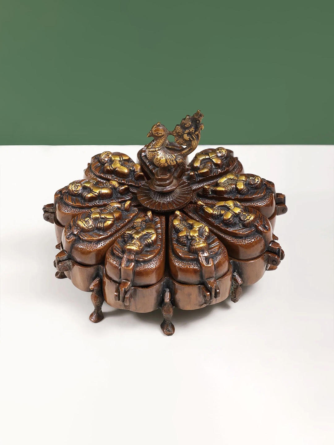 

Exotic India 7" Brass Baby Krishna Ritual Box with Lids, Brown