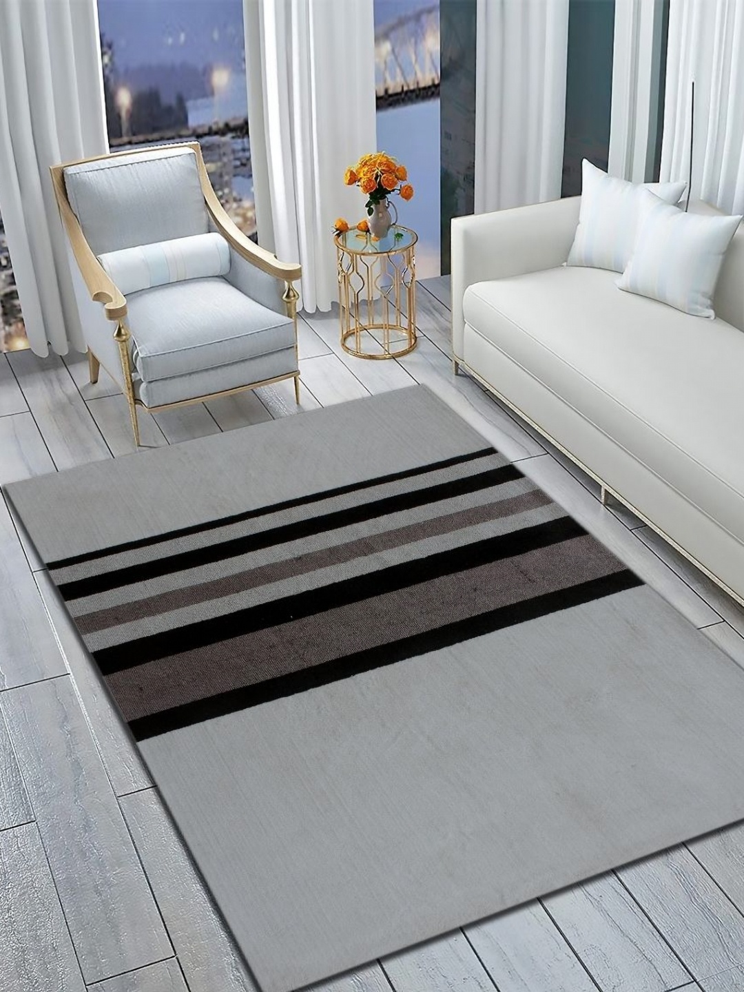 

MULTITEX Black & Grey Striped Anti-Skid Rectangular Carpet