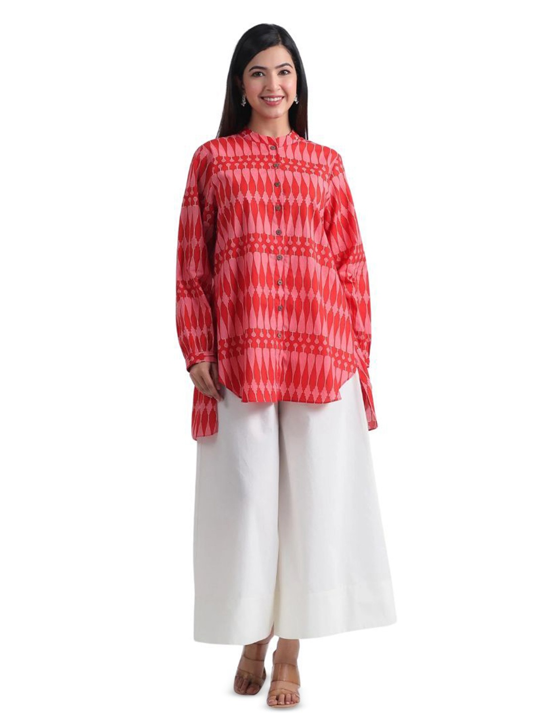 

JAIPURRANG Geometric Print Mandarin Collar Cotton Peplum Top, Red