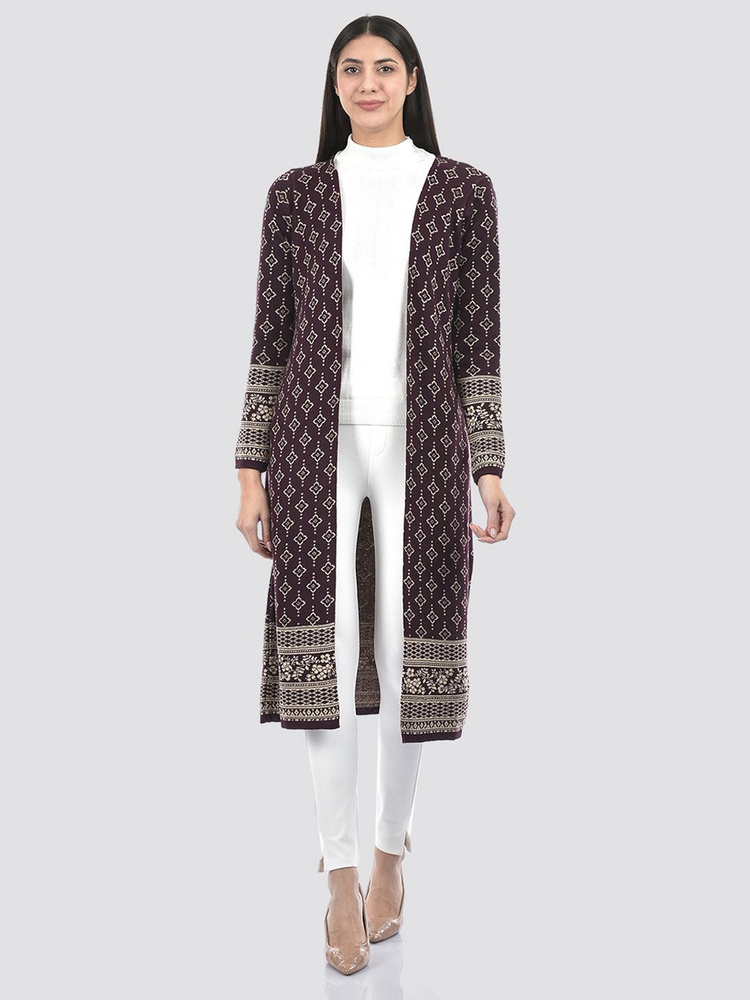 

American Eye Women Printed Longline Shrug, Purple