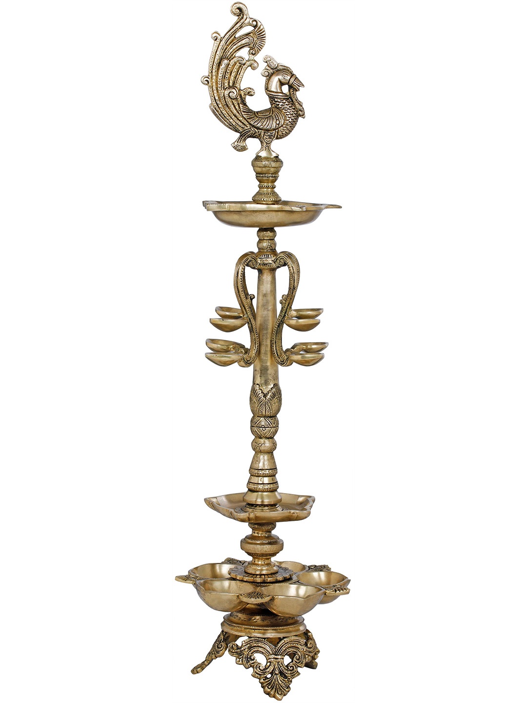 

Exotic India 28" Multi Wicks Large Peacock Lamp In Brass - Made In India, Yellow