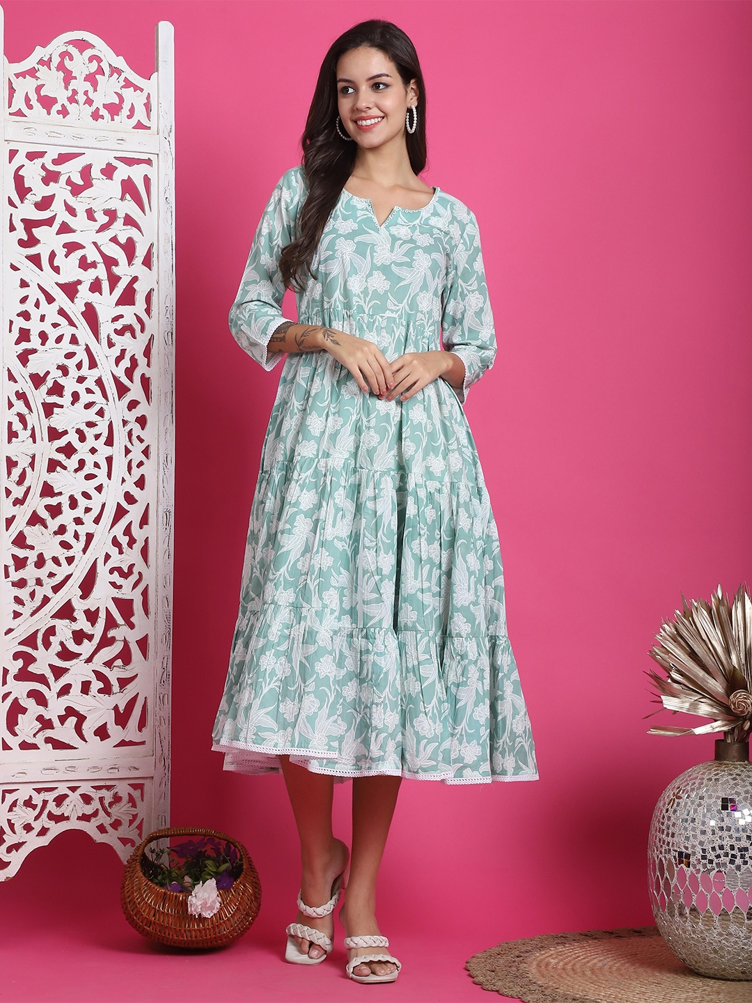 

Rajnandini Floral Print A-Line Midi Dress, Sea green