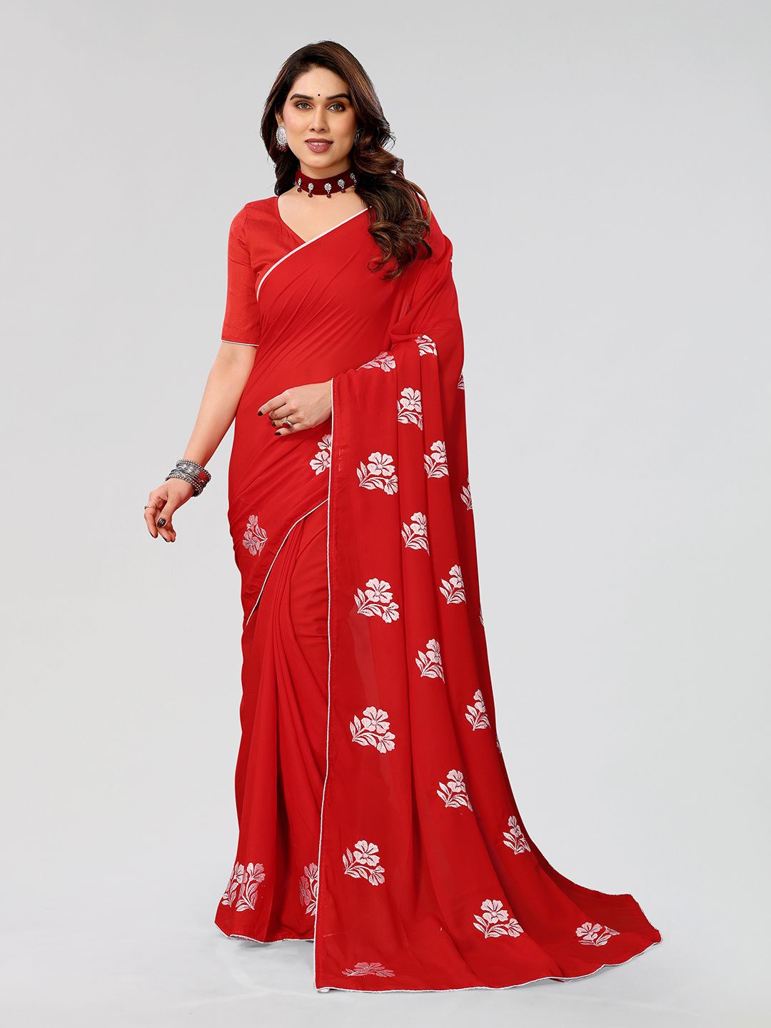 

ANAND SAREES Floral Embroidered Poly Chiffon Heavy Work Saree, Red