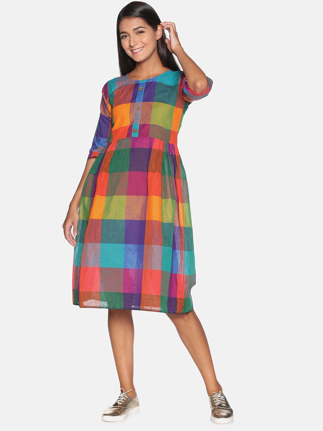 

Resha Checked Empire Midi Dress, Orange