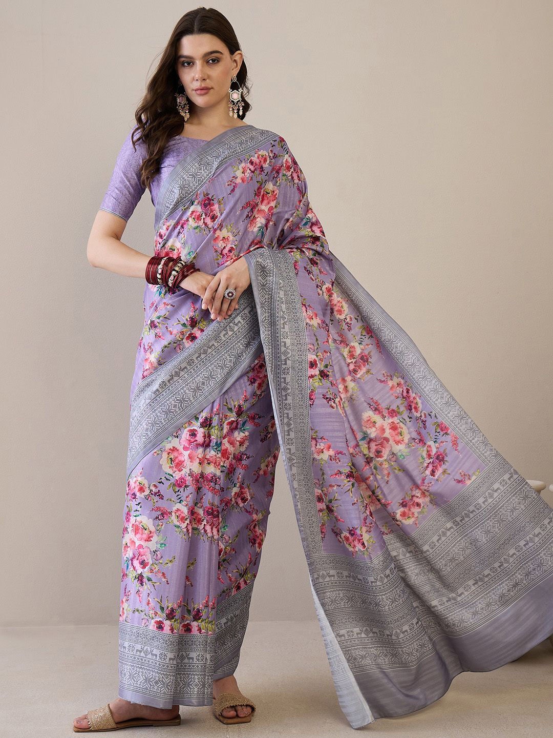 

Saree mall Floral Silk Blend Bagru Sarees, Lavender