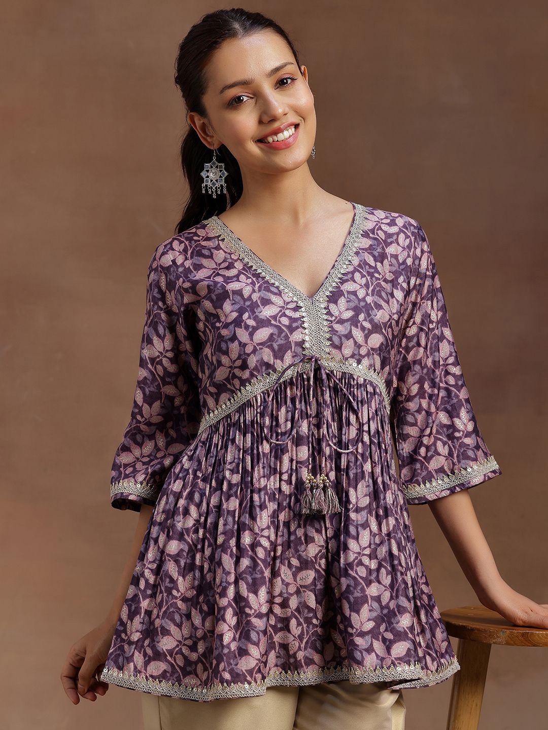 

Libas Floral Printed V-Neck Flared Sleeves Pleated Kurti, Purple