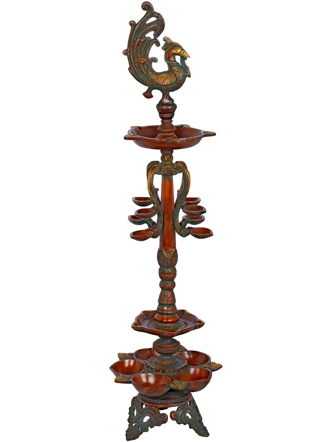 

Exotic India 28" Multi Wicks Large Peacock Lamp In Brass - Made In India, Brown