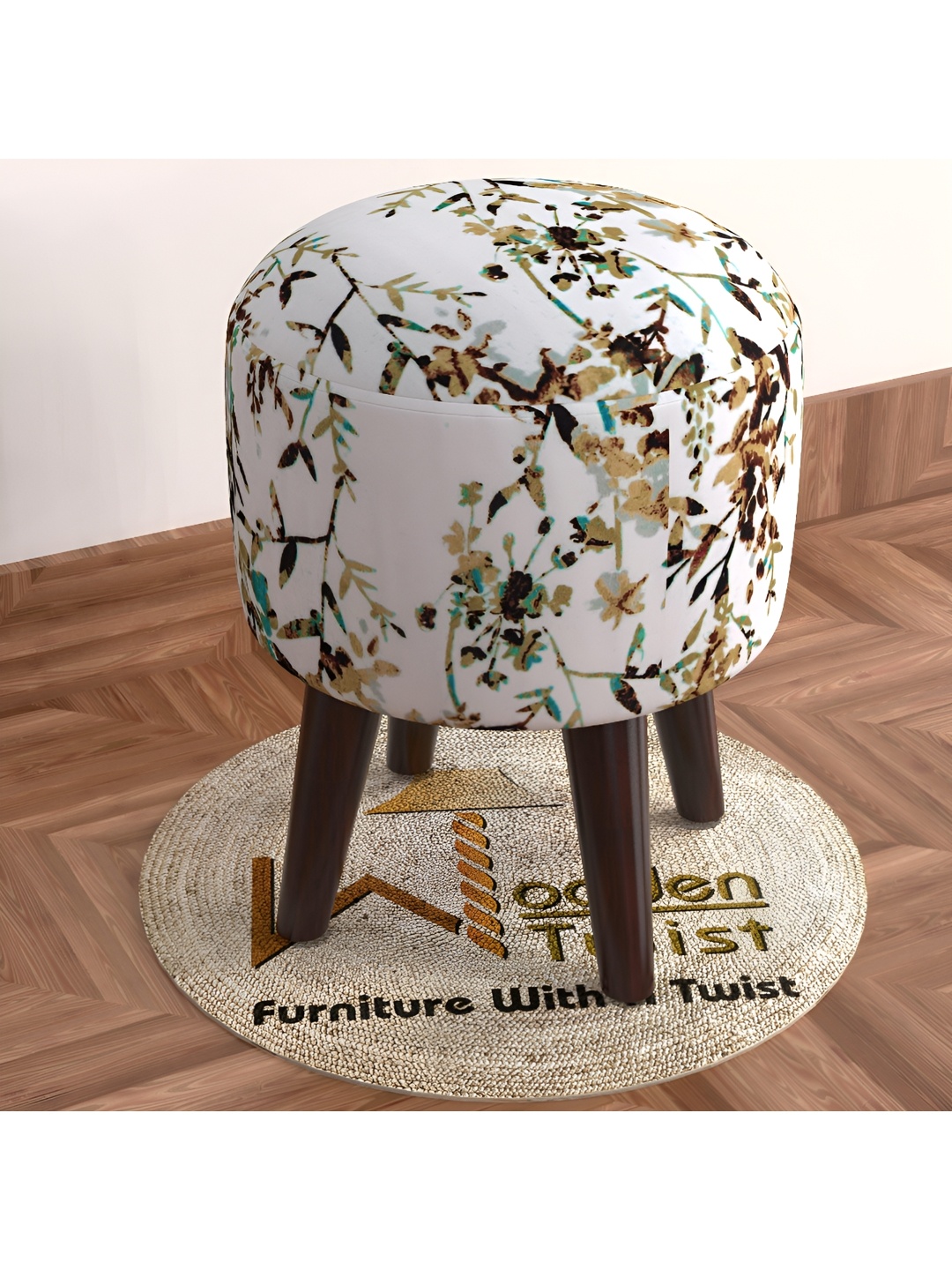 

Wooden Twist Mustard Yellow & White Printed Comfortable Cushion Round Ottoman Stool