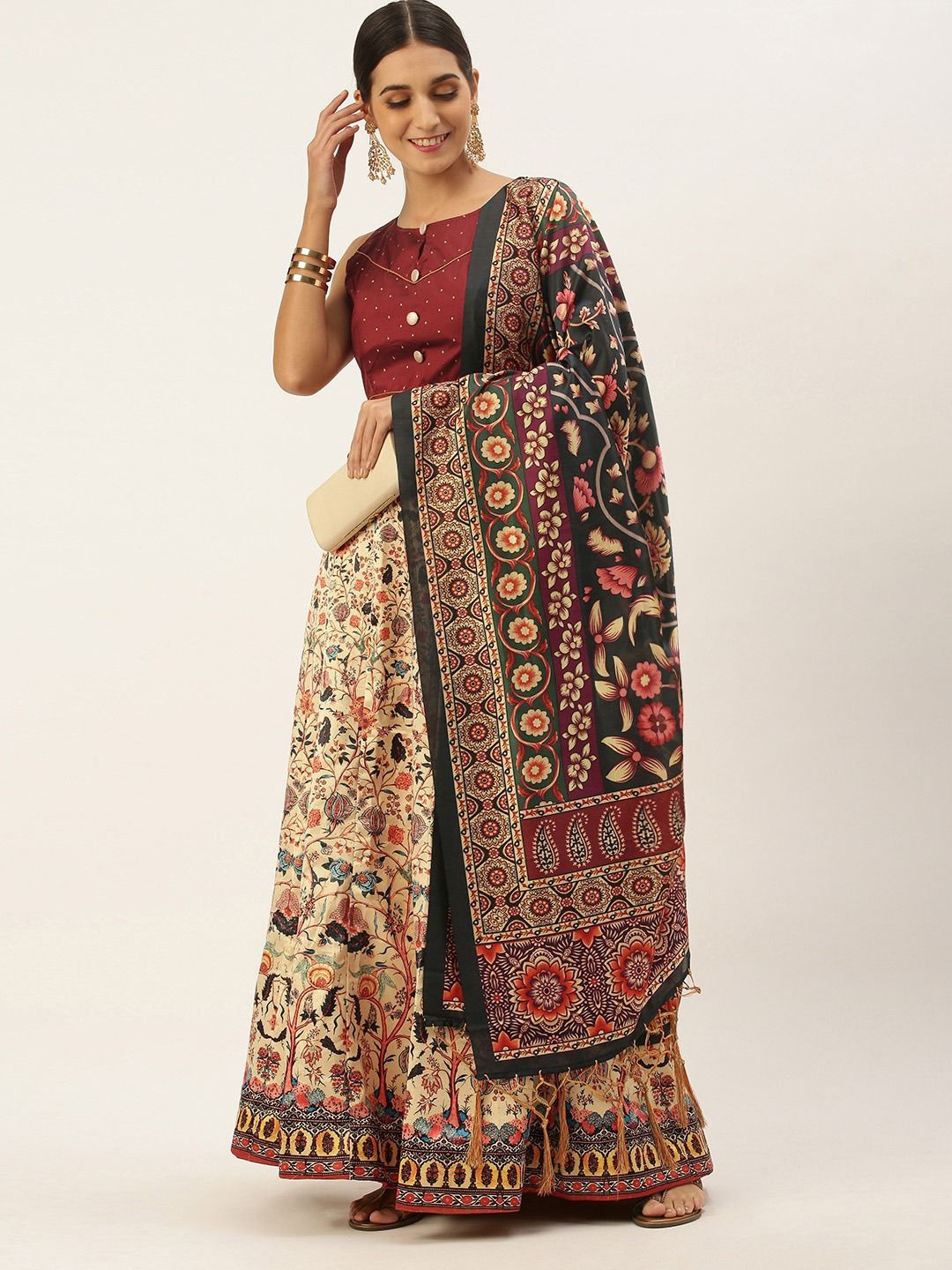 

Kaizen TEXO FAB Printed Semi-Stitched Lehenga & Unstitched Blouse With Dupatta, Maroon