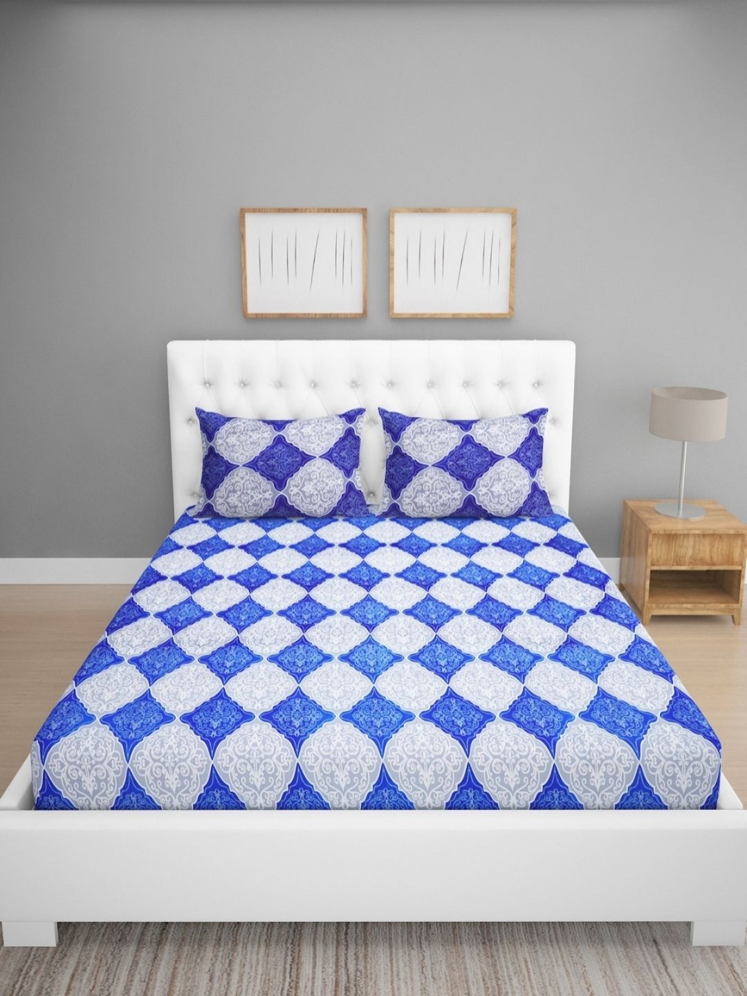 

Myntra Elegant Homes Blue & Grey Ethnic Motifs 160 TC Queen Bedsheet with 2 Pillow Covers