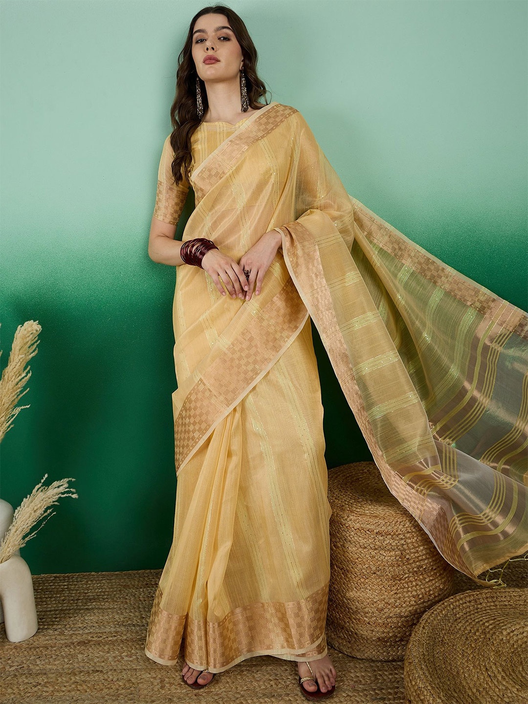 

NIRMAL CREATION Striped Zari Kanjeevaram Saree, Yellow