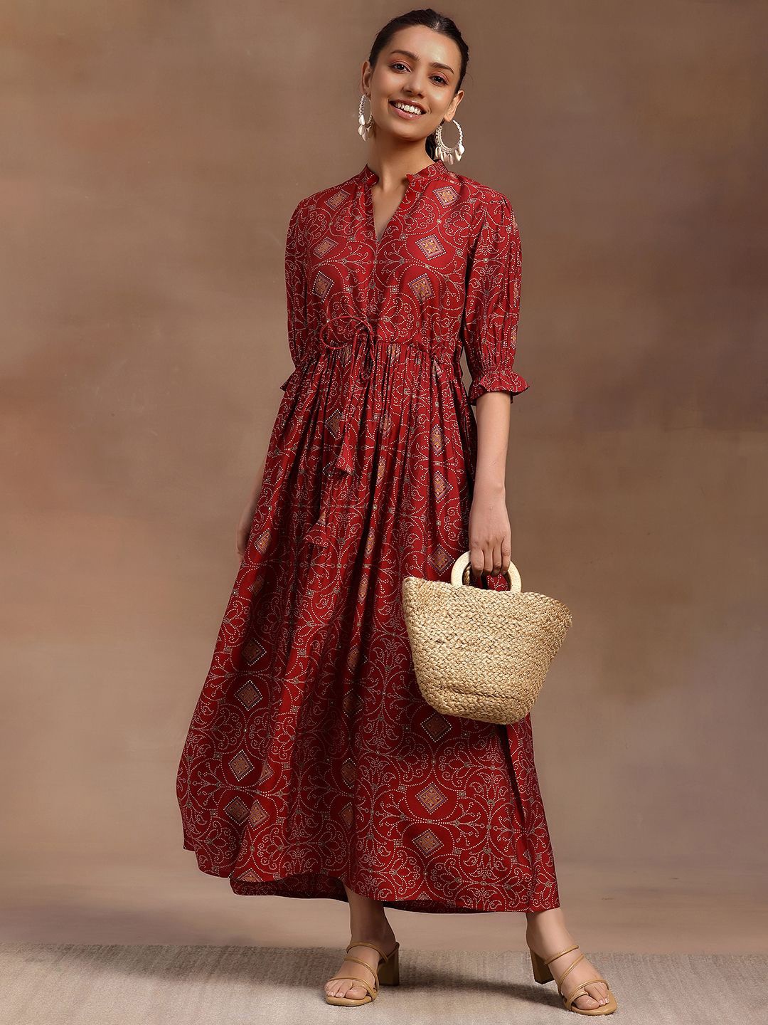 

Libas Ethnic Motifs Print Bell Sleeve A-Line Midi Dress, Red