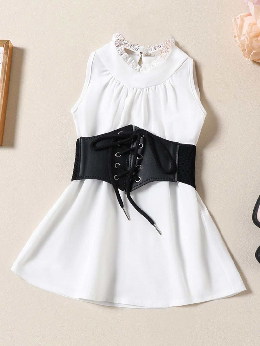 

INCLUD Girls Sleeveless A-line Dress With Wide Belt, White