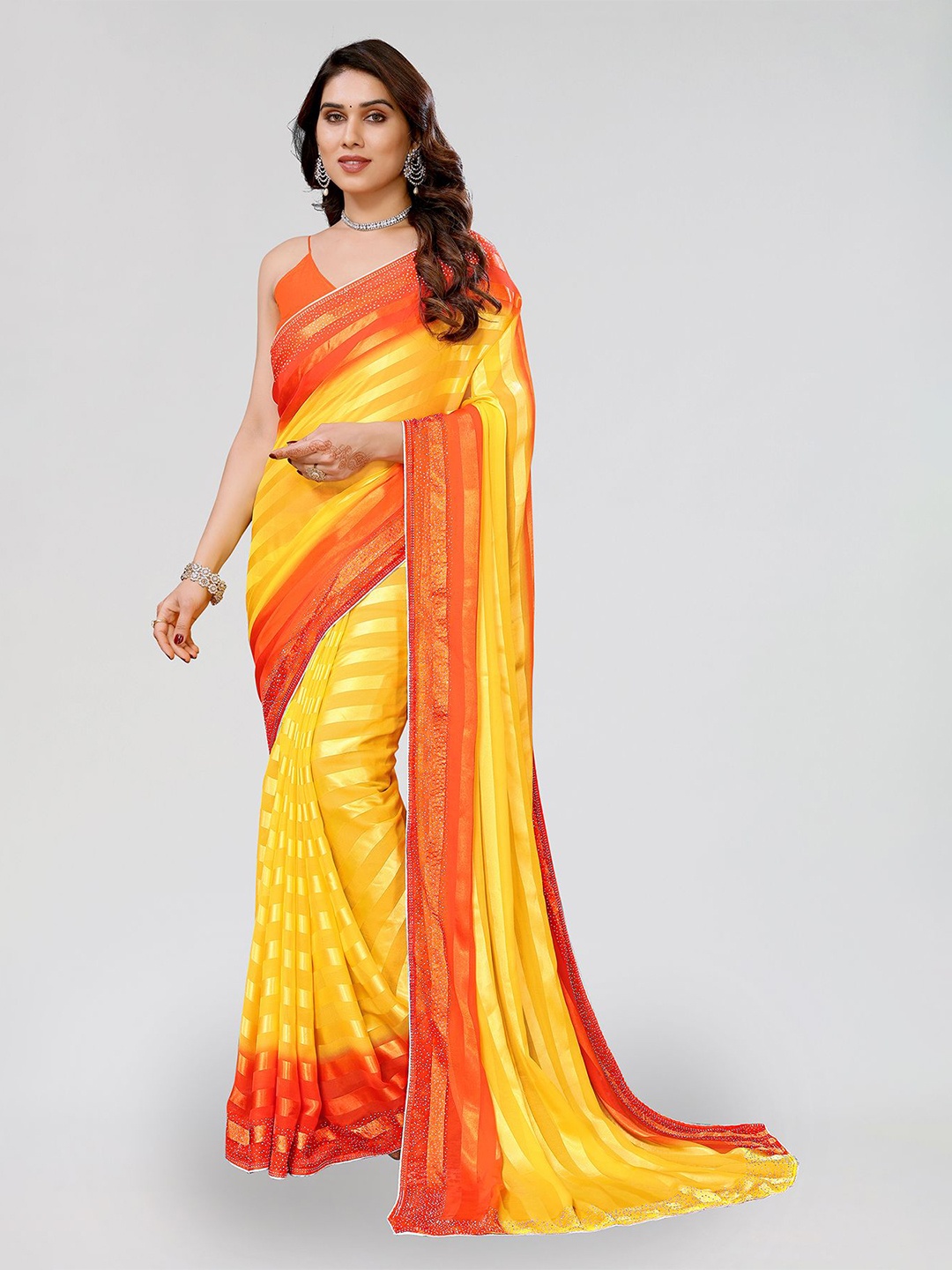 

ANAND SAREES Striped Beads and Stones Satin Saree, Yellow