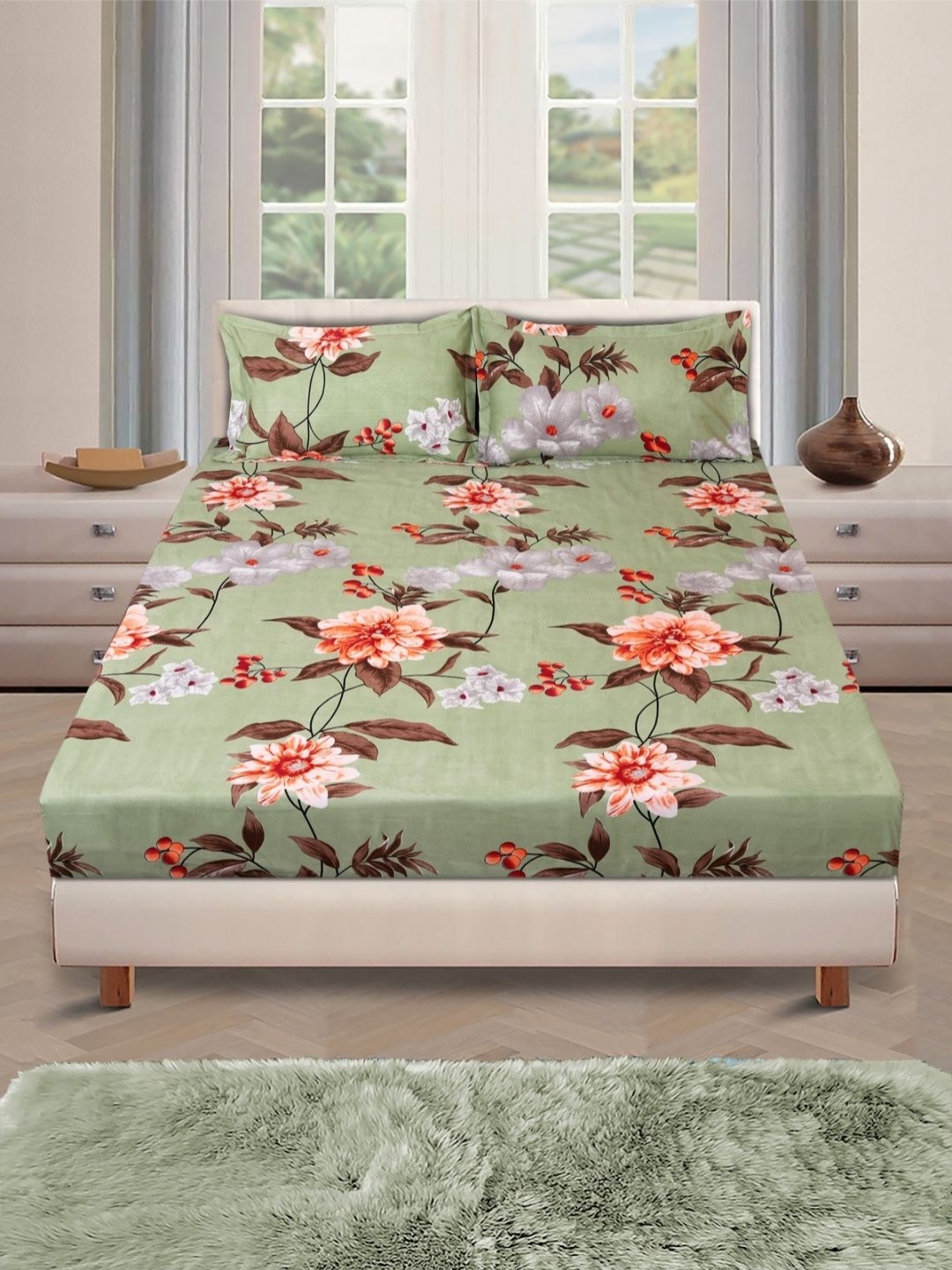 

Myntra Elegant Homes Green & Red Floral 160 TC Queen Bedsheet with 2 Pillow Covers