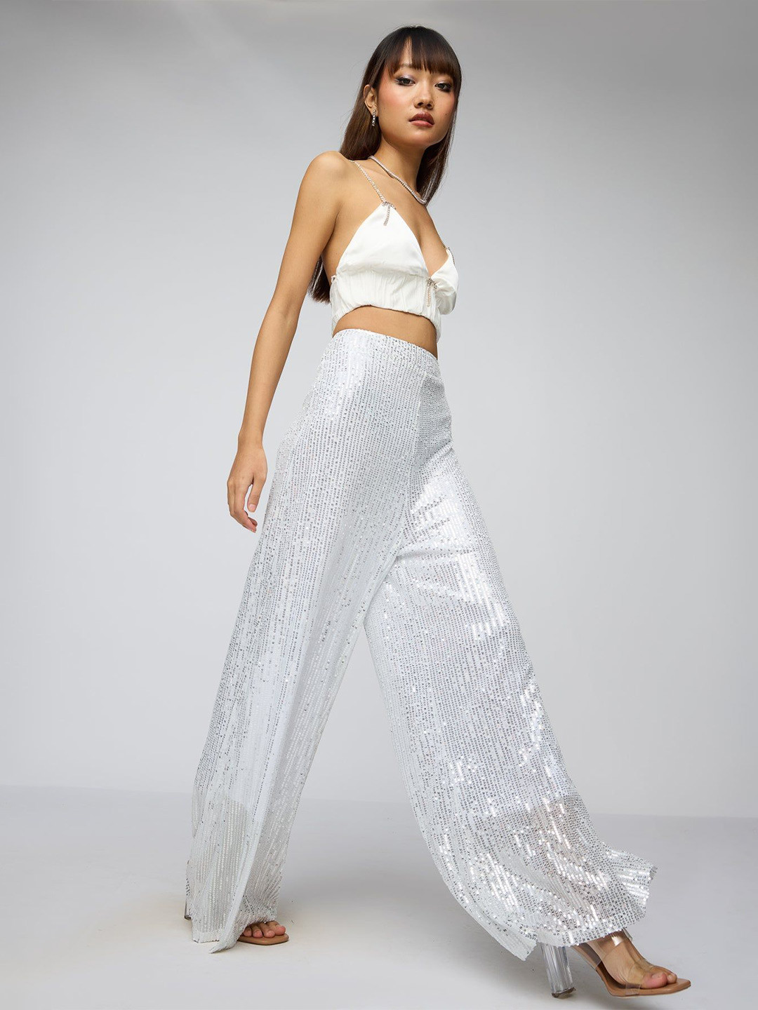 

FREAKINS Stellar Grey Sequin Flare Fit Korean Pants