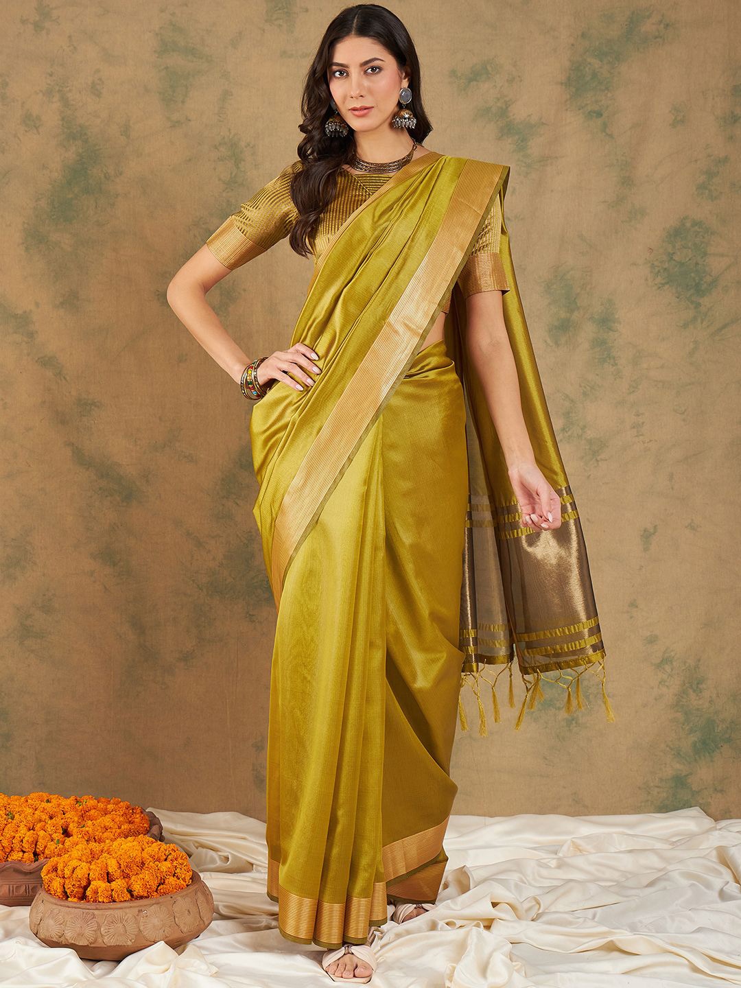 

NIRMAL CREATION Zari Saree, Lime green