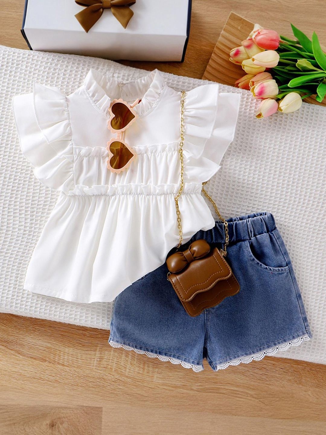 

INCLUD Girls Round Neck Flared Sleeve Top with Shorts, White