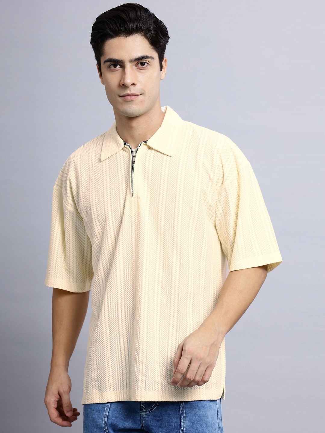 

N AND J Men Self Design Polo Collar Oversized T-shirt, Cream
