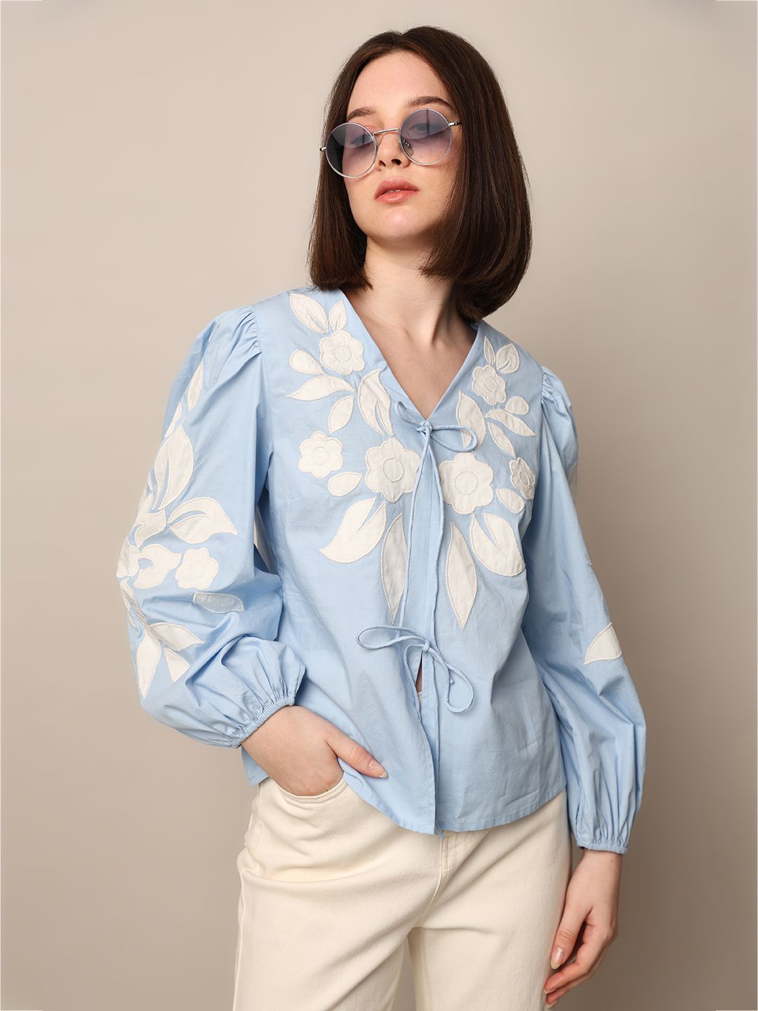 

ONLY Print Puff Sleeve Cotton Top, Blue