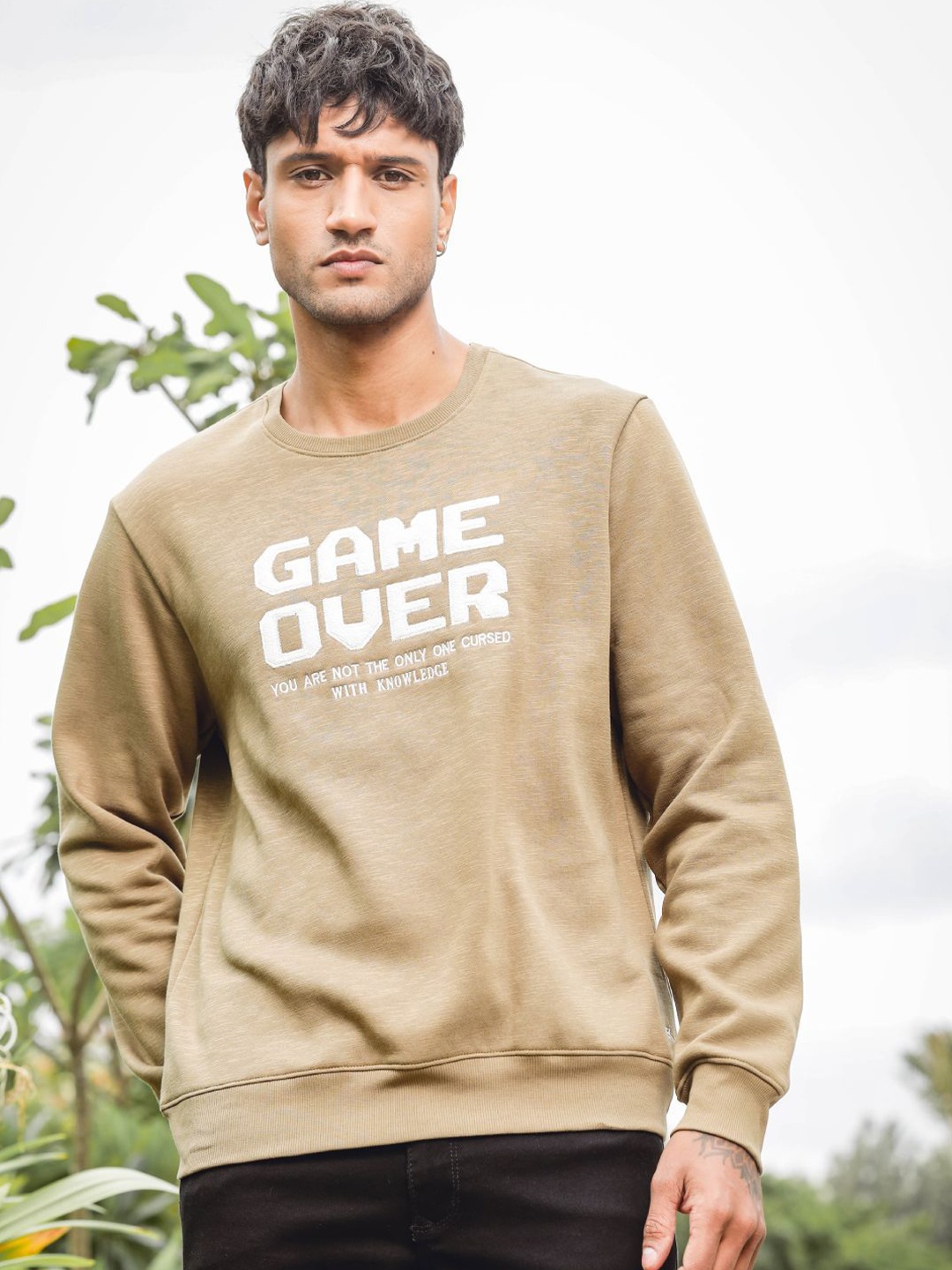 

ONE SKY Men Embroidered Typography Sweatshirt, Brown