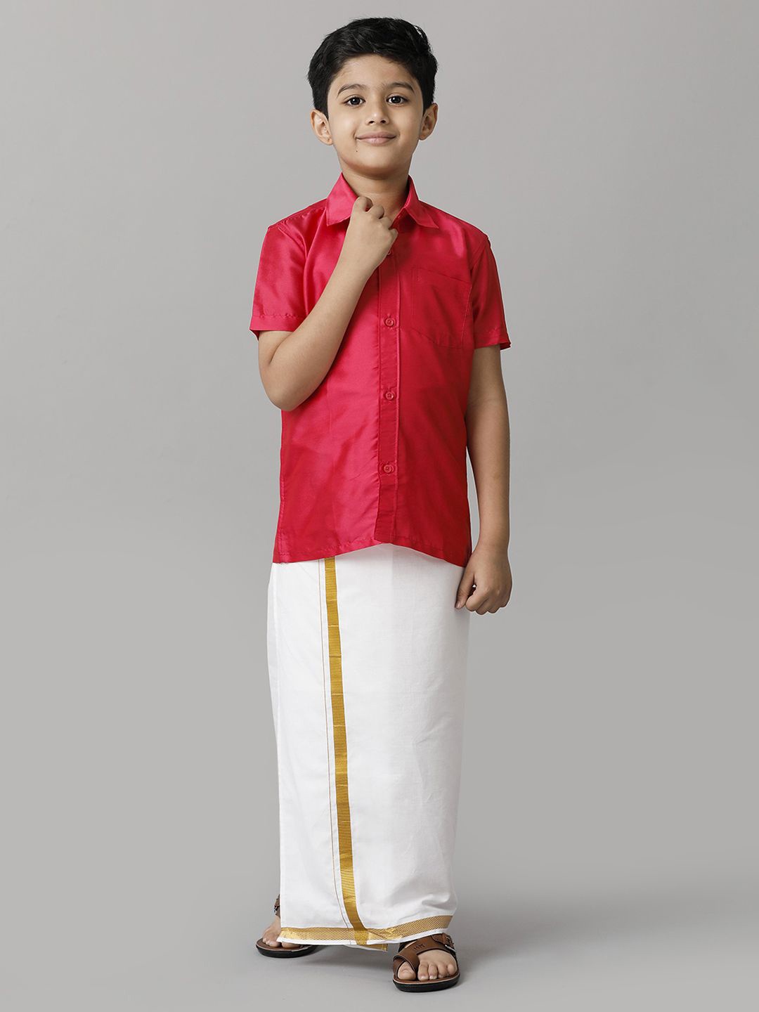 

Ramraj Boys Half Sleeve Shirt With Adjustable Dhoti, Red
