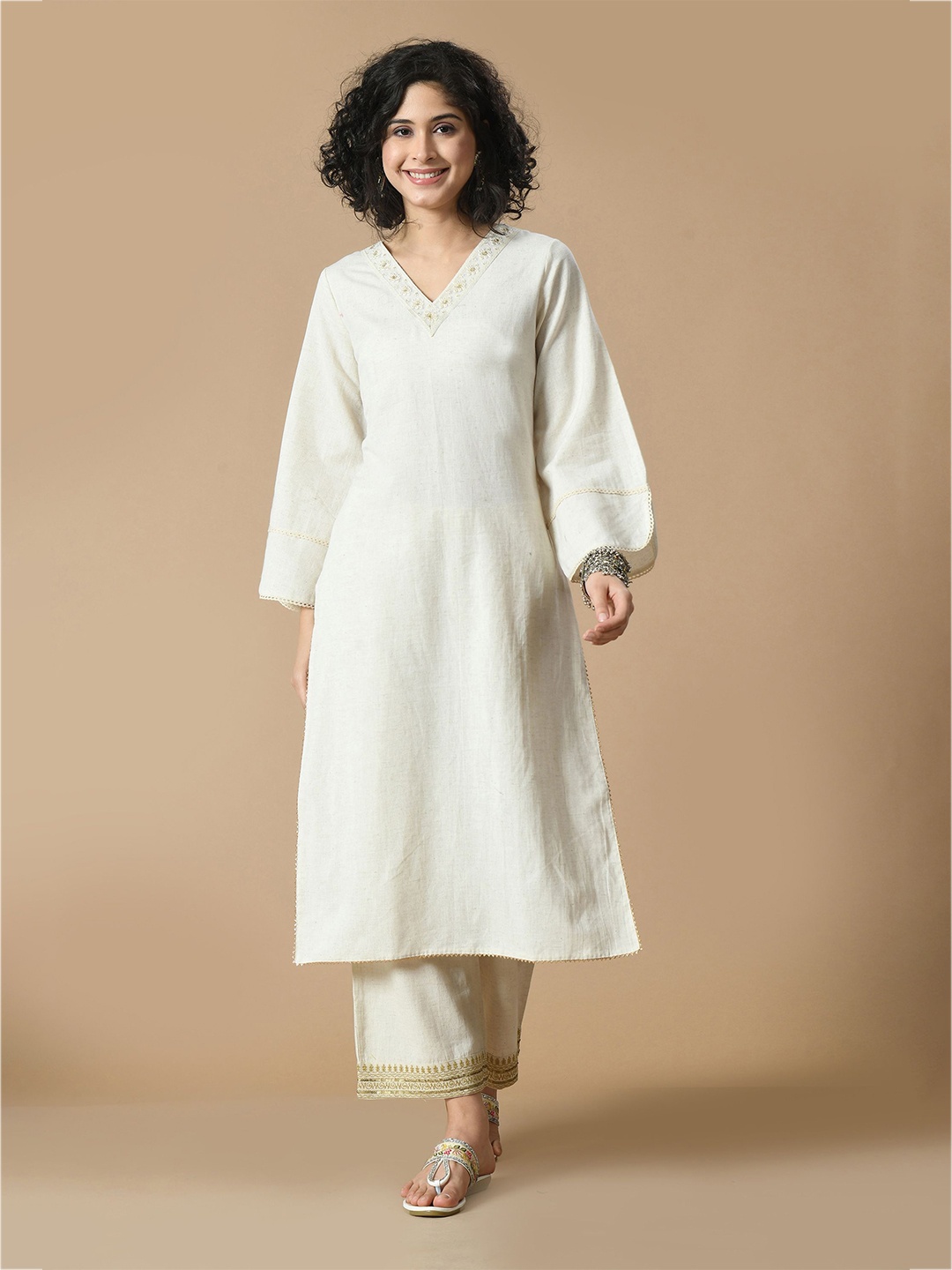 

Sangria Embroidered Pure Cotton A-Line Kurta, Off white