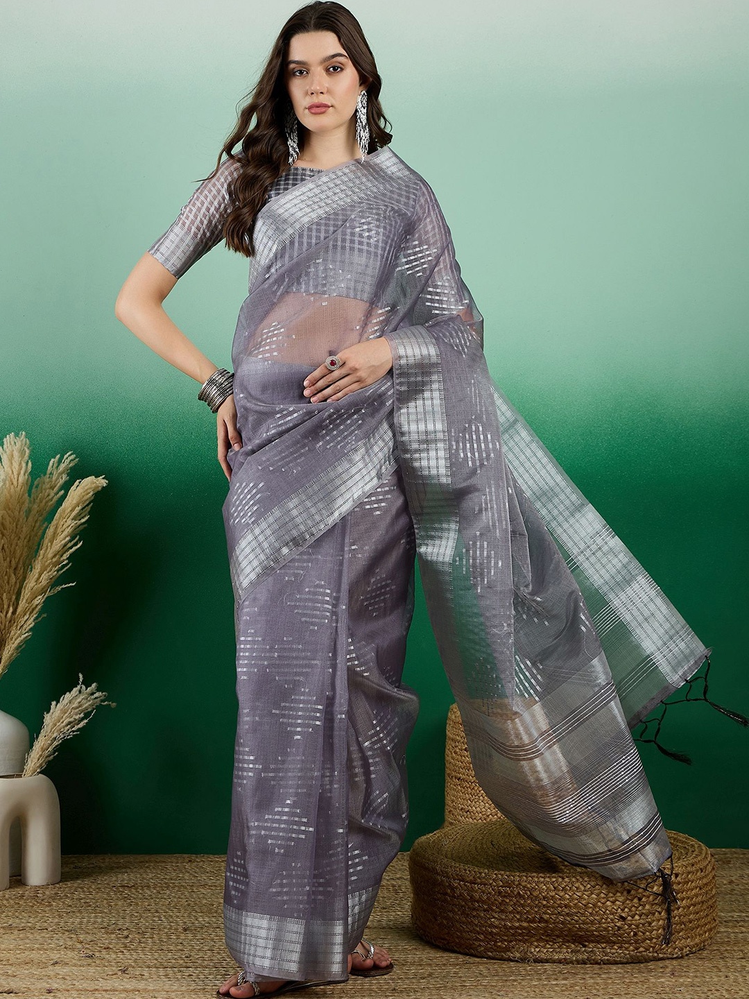 

NIRMAL CREATION Striped Saree, Grey