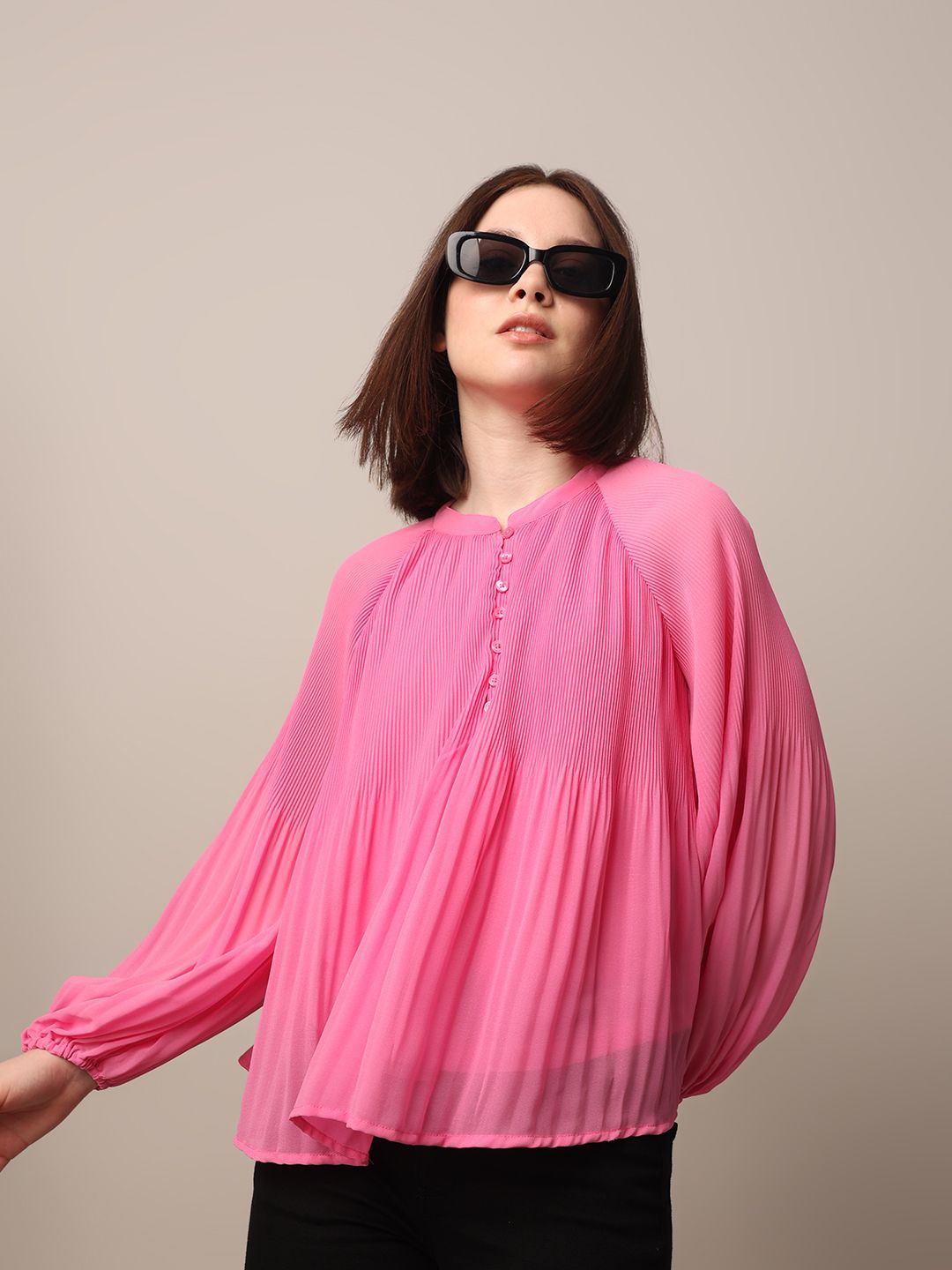 

ONLY Mandarin Collar Puff Sleeve Georgette Blouson Top, Pink