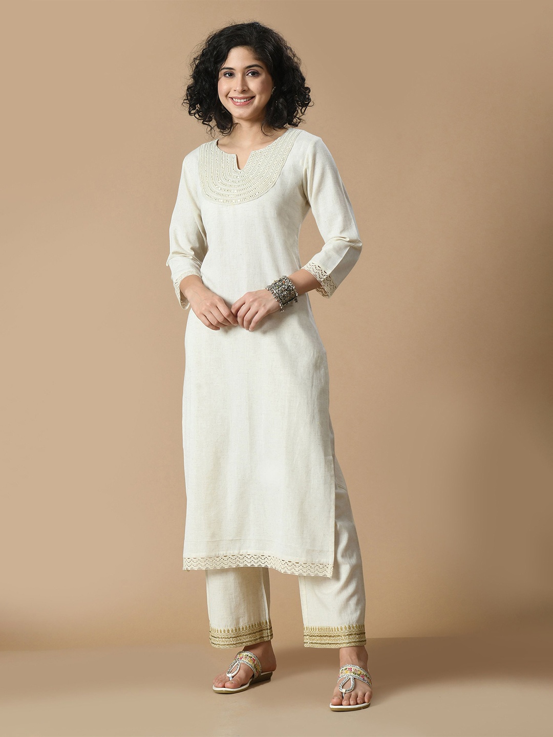 

Sangria Sequined Pure Cotton A-Line Kurta, Off white