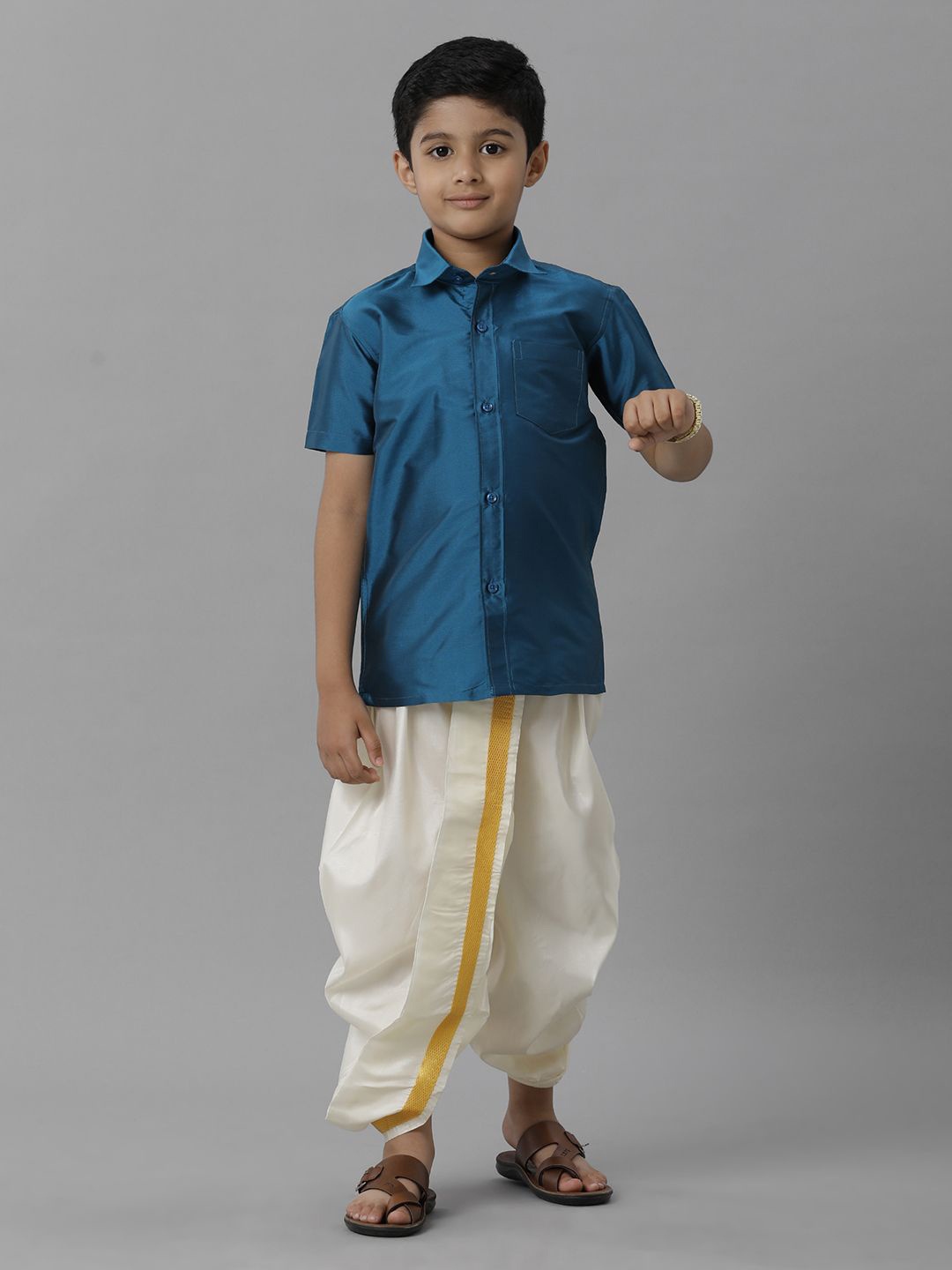 

Ramraj Boys Shirt solid Shirt With Adjustable Dhoti, Blue