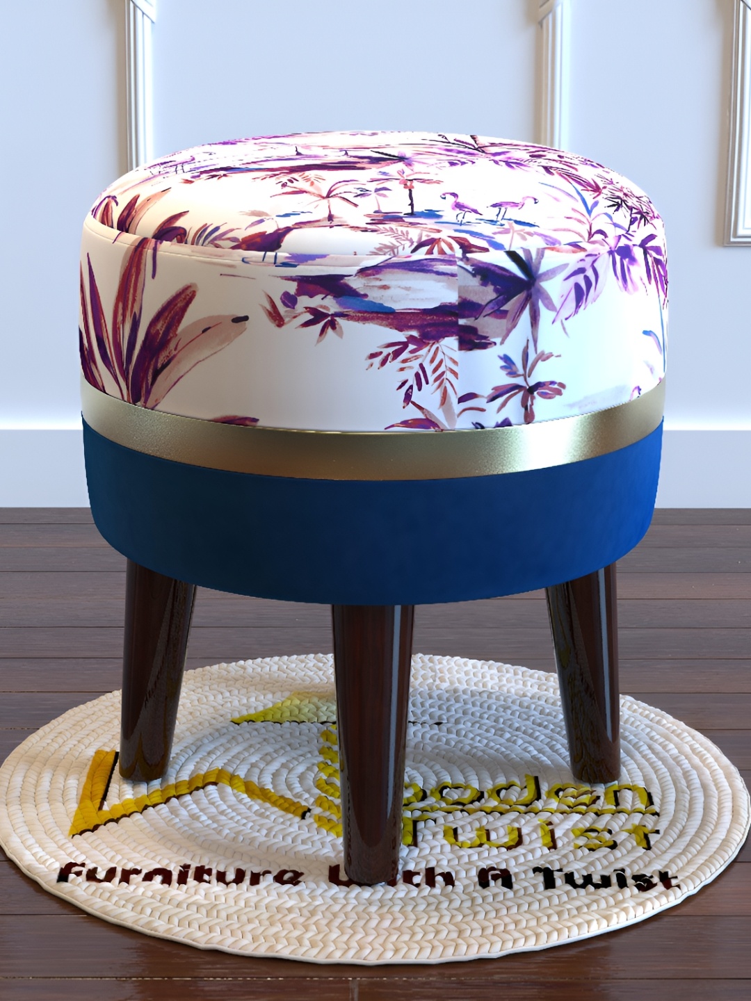 

Wooden Twist Purple & White Printed Comfortable Cushion Round Ottoman Stool