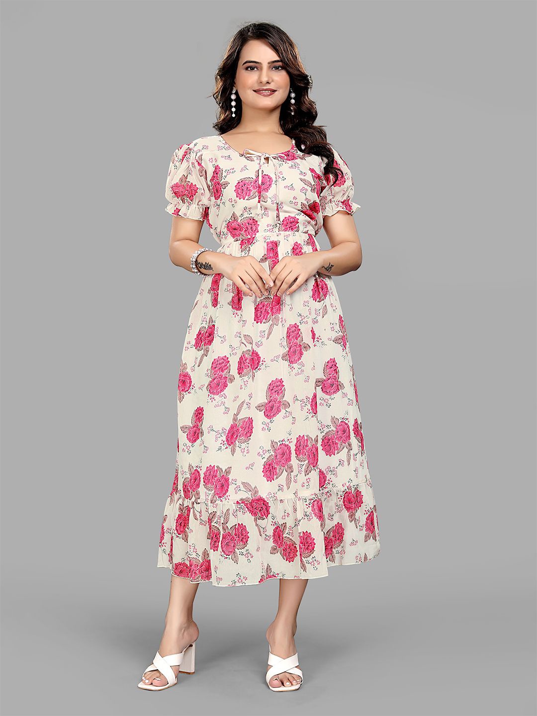 

BAESD Women Floral Print Ruffled Fit & Flare Maxi Dress, Pink