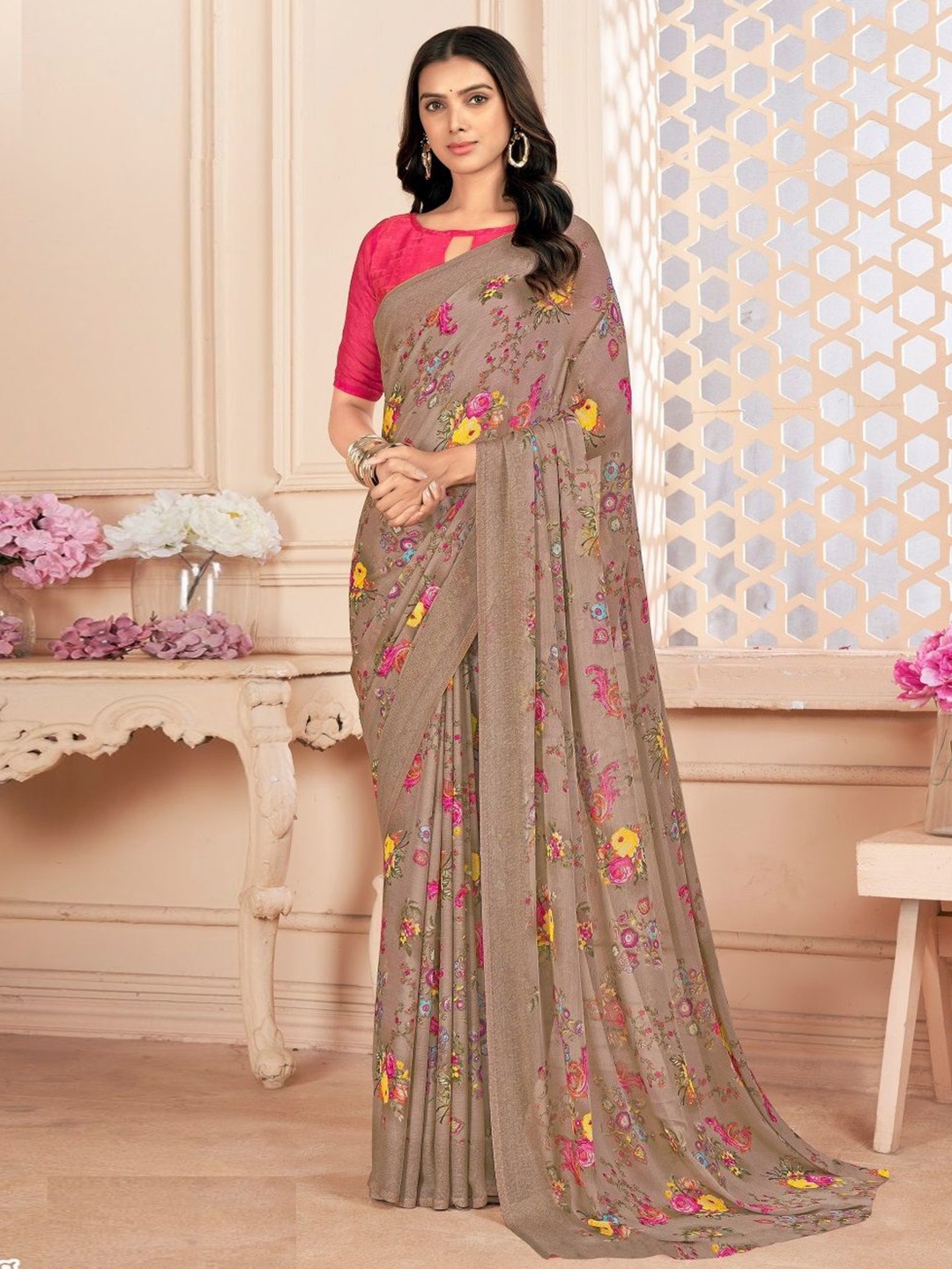 

Reboot Fashions Floral Pure Chiffon Saree, Beige