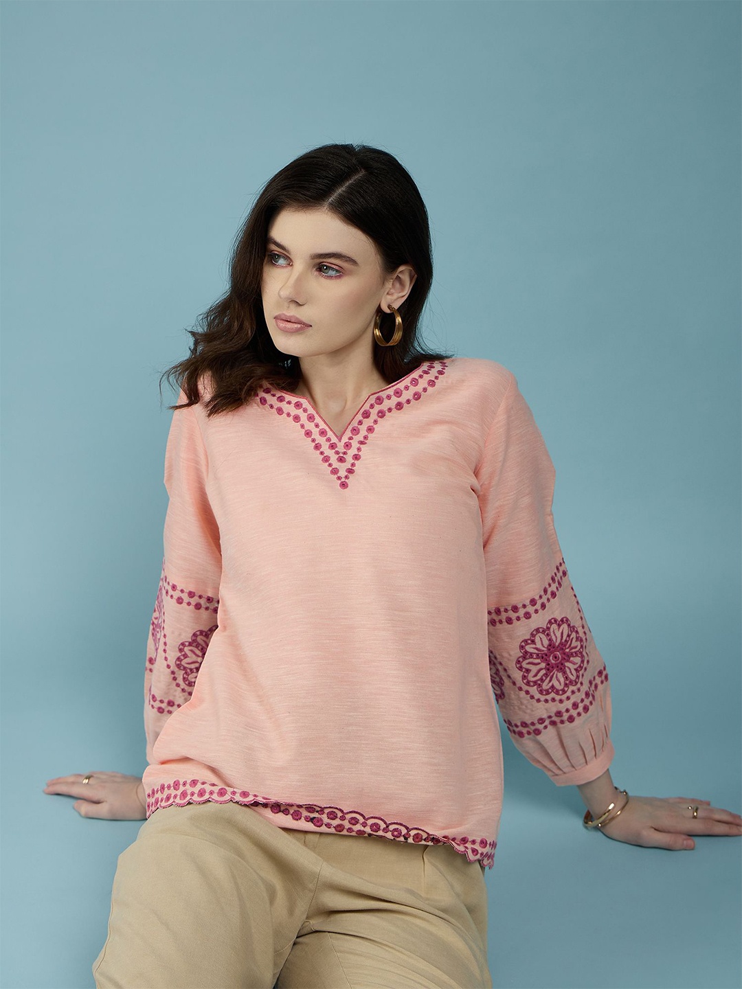

DressBerry Women Floral Printed Round Neck Cotton Top, Peach