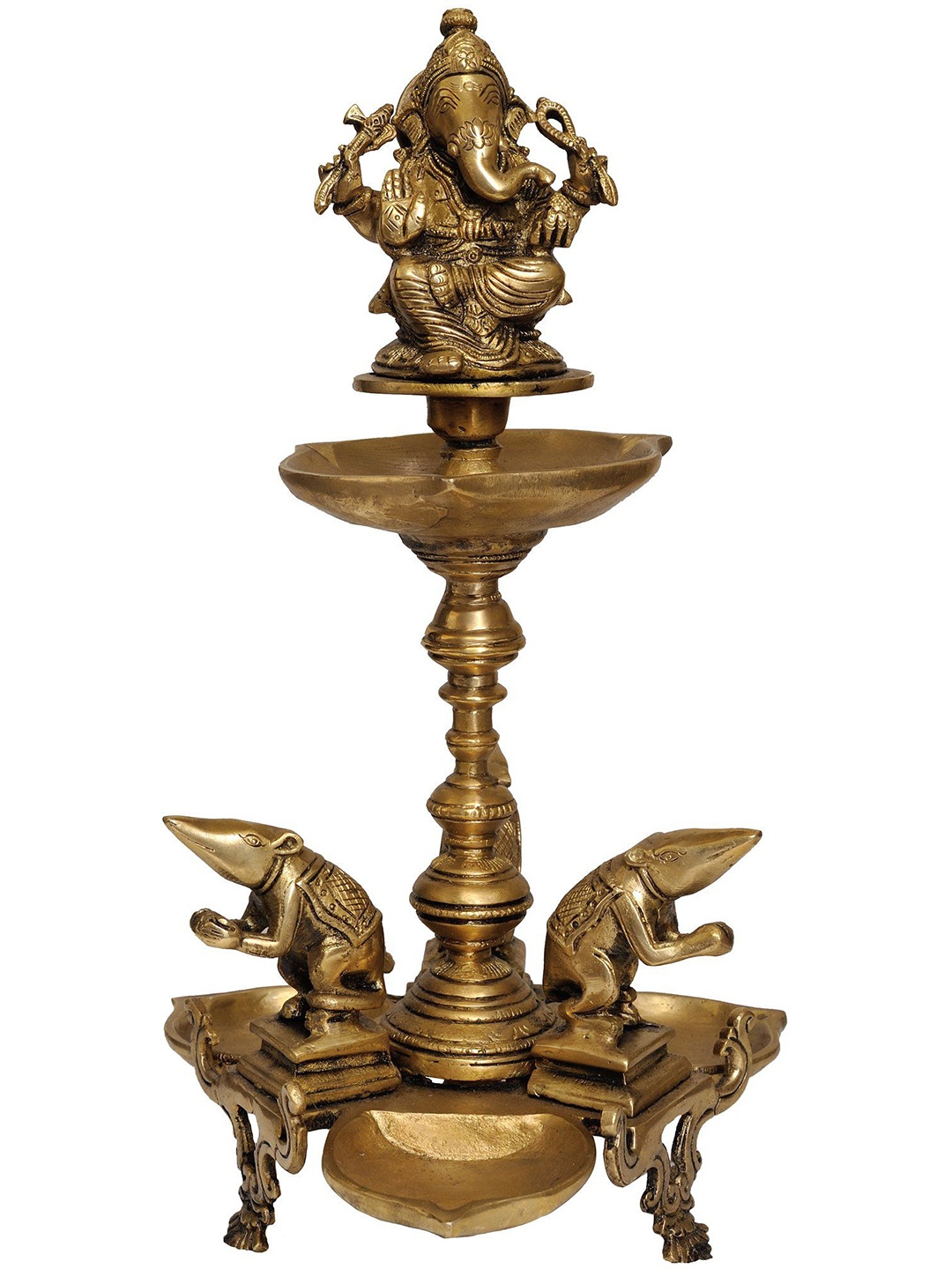 

Exotic India 15" Brass Ganesha Lamp with Three Rats in Homage, Brown